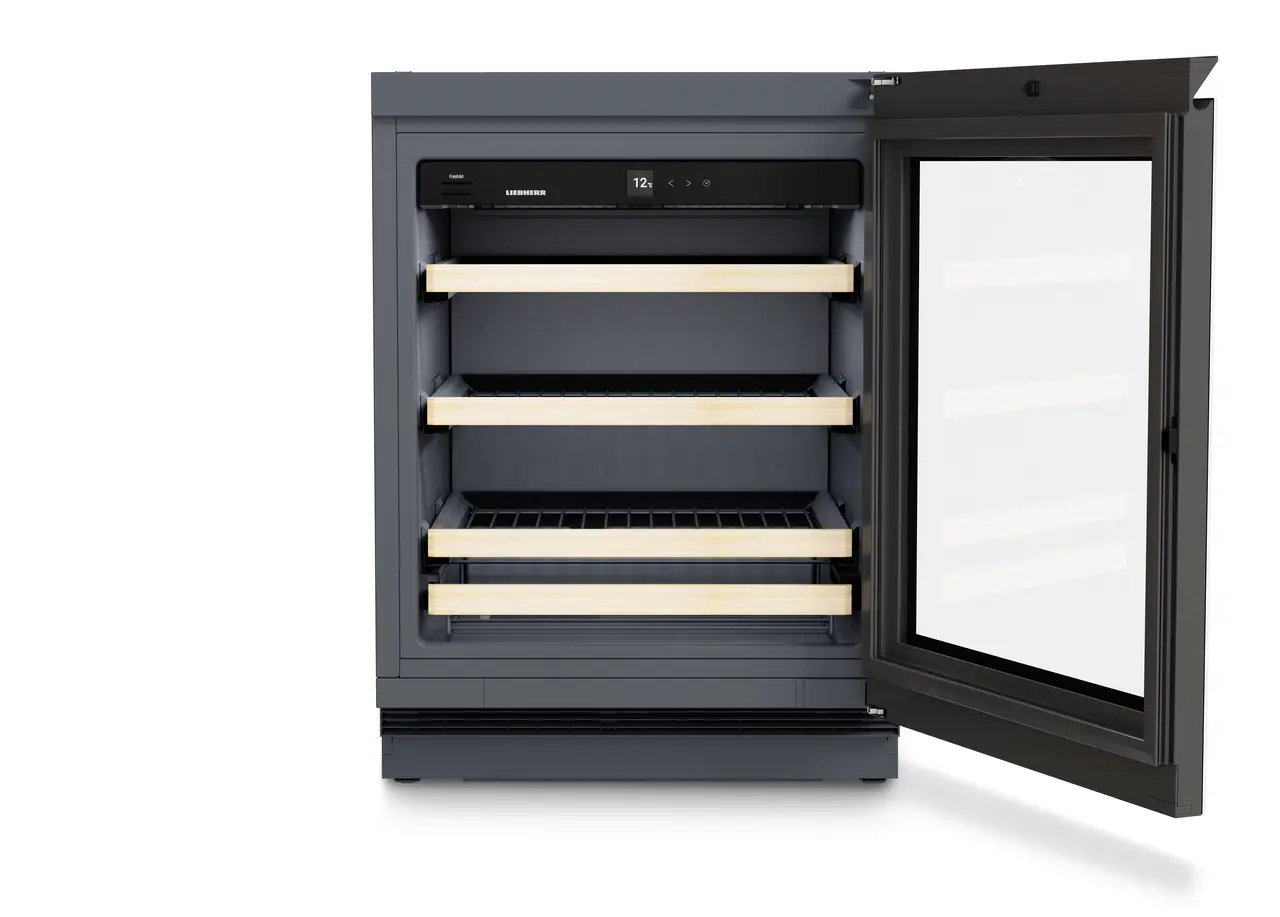 Изображение продукции, Перспектива: Прямо, с открытой дверцей, без продуктов, Винный холодильник подходит для установки под столешницей для темперирования вина., Цвет корпуса: Антрацит