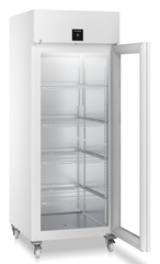 Produkt-Bild, Perspektive: schräg offen leer, Laborkühlgerät mit Umluftkühlung, Gehäusefarbe: Weiß, Türfarbe: Weiß