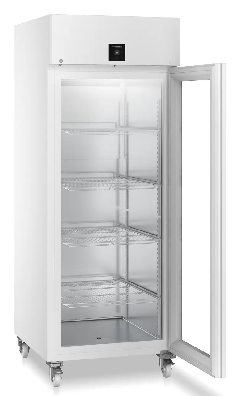 Produkt-Bild, Perspektive: schräg offen leer, Laborkühlgerät mit Umluftkühlung, Gehäusefarbe: Weiß, Türfarbe: Weiß