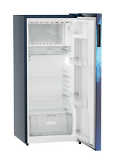 Product image, Perspective: oblique open empty, Single-door refrigerator 202 l in 3 star with VegFresh box, Casing colour: blue, Door colour: Blue Mystiq