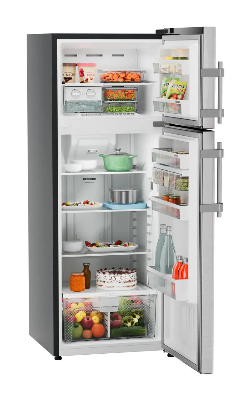 Product image, Perspective: oblique open decorated, Fridge-freezer with NoFrost, Casing colour: grey, Door colour: Stainless Steel