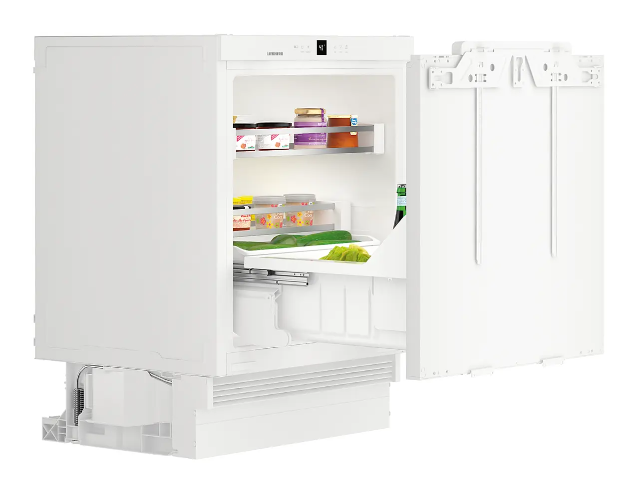 Product image, Perspective: oblique open decorated, Under-worktop refrigerator for integrated use