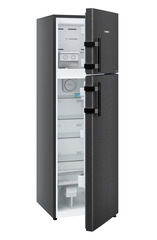 Product image, Perspective: oblique half-open empty, Fridge-freezer with NoFrost, Casing colour: black, Door colour: BlackSteel
