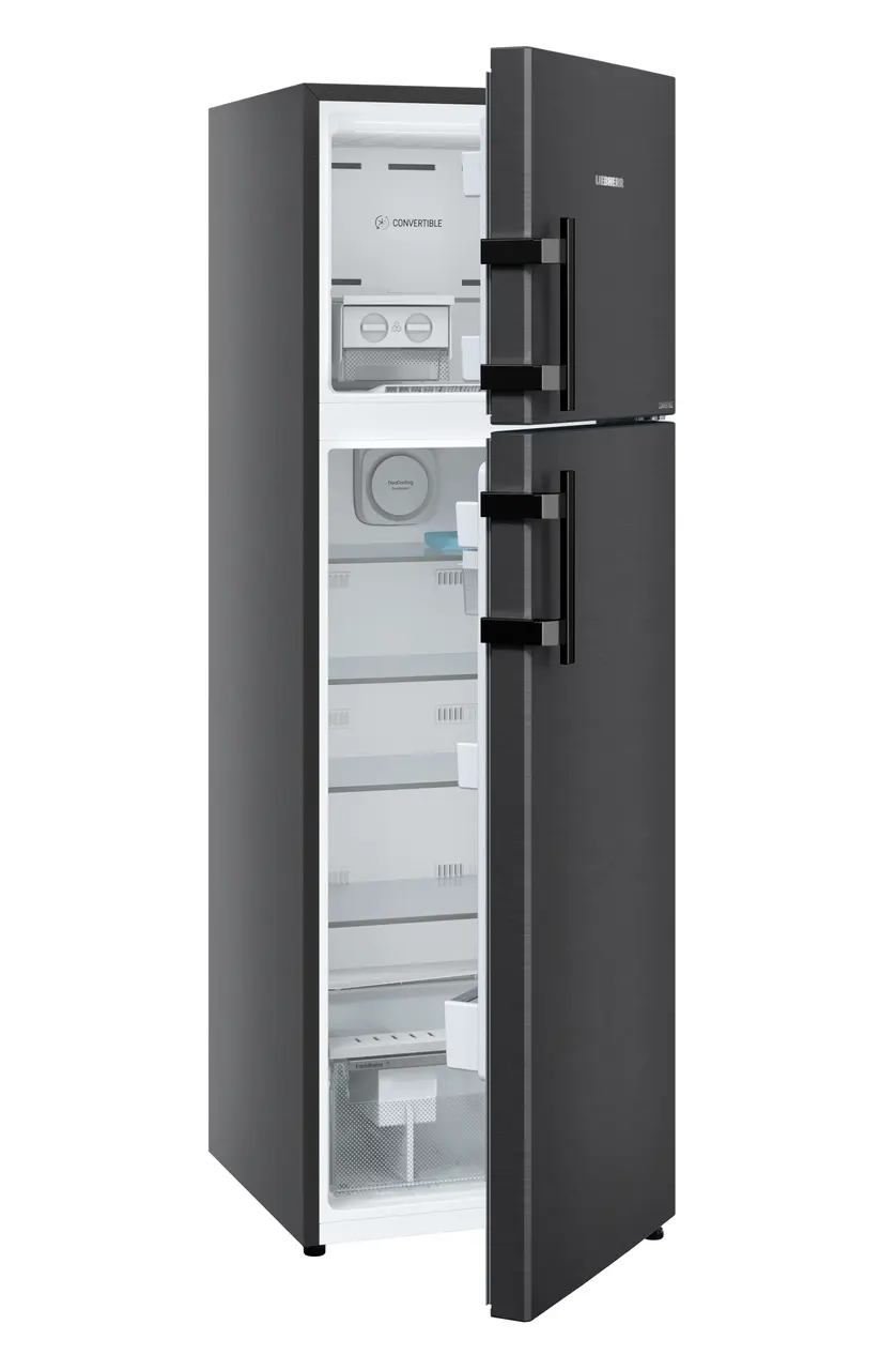 Product image, Perspective: oblique half-open empty, Fridge-freezer with NoFrost, Casing colour: black, Door colour: BlackSteel