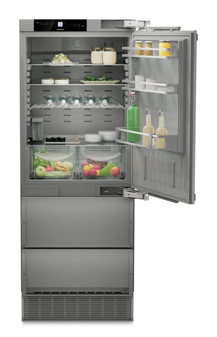 Product image, Perspective: straight open decorated, Combined refrigerator-freezer with NoFrost for integrated use, Casing colour: Anthracite
