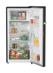 Product image, Perspective: straight open decorated, Single-door refrigerator 191 l in 3 star and horizontal handle, Casing colour: grey, Door colour: Black Gloss