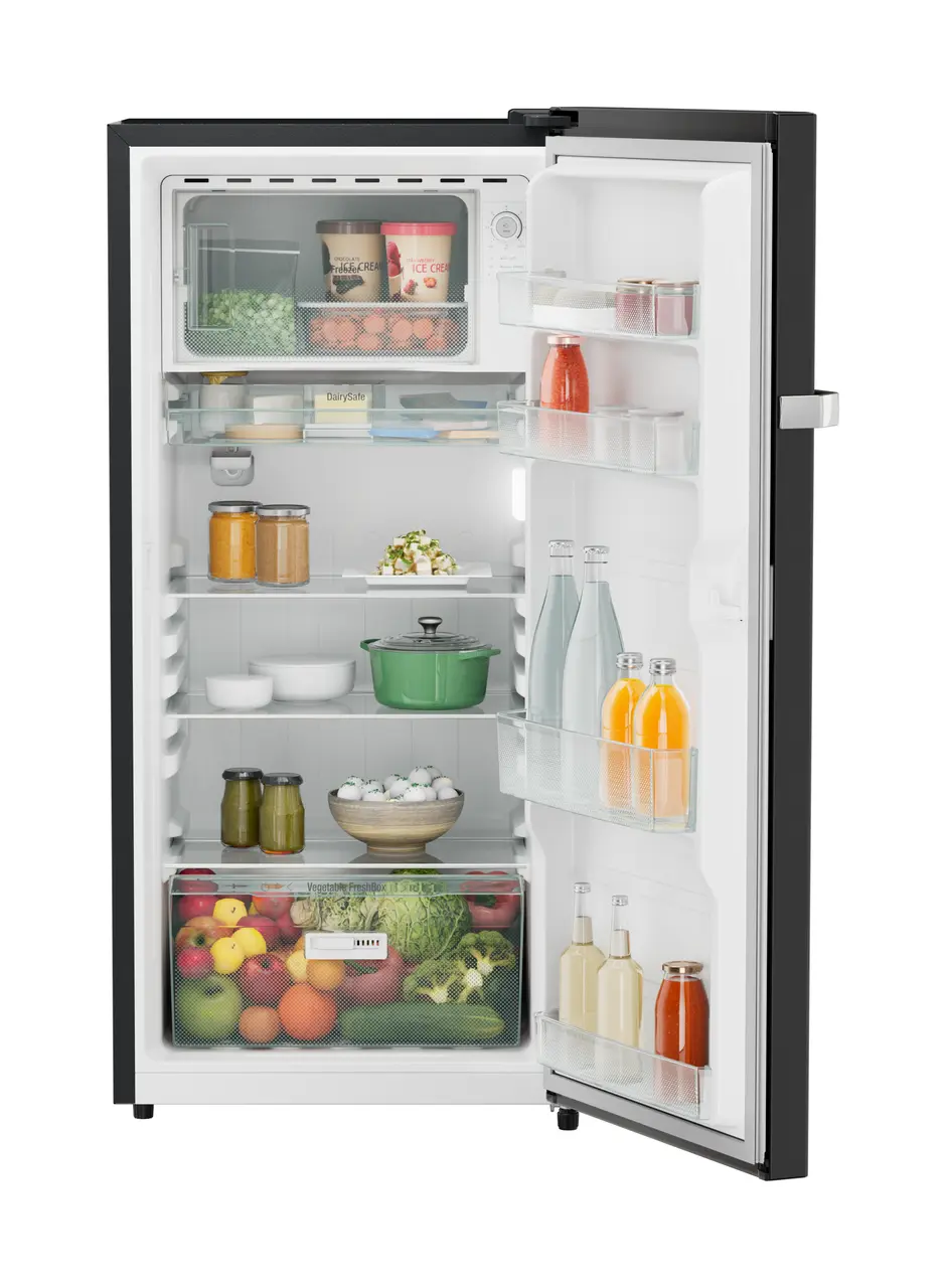 Product image, Perspective: straight open decorated, Single-door refrigerator 191 l in 3 star and horizontal handle, Casing colour: grey, Door colour: Black Gloss