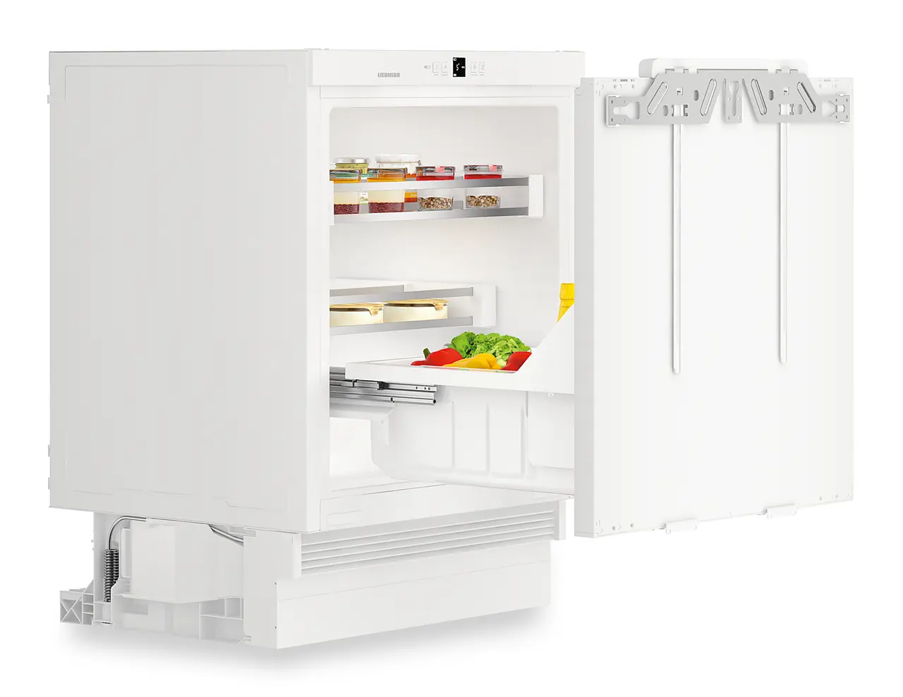 Изображение продукции, Перспектива: Под углом, с открытой дверцей, с продуктами, Встраиваемый под столешницу холодильник