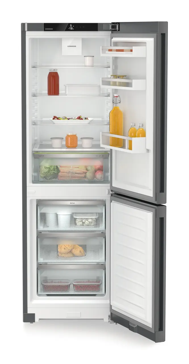 Product image, Perspective: straight open decorated, Combined fridge-freezers with EasyFresh and NoFrost, Casing colour: DarkGrey, Door colour: DarkGrey