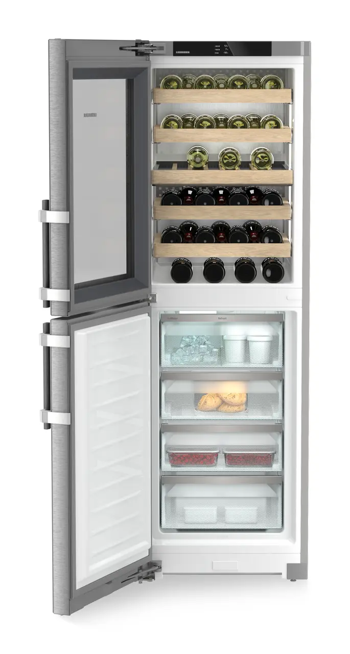 Product image, Perspective: straight open decorated, Combination with NoFrost freezer compartment and wine tempering compartment, Casing colour: silver, Door colour: stainless steel