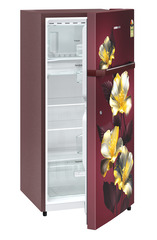 Product image, Perspective: oblique half-open empty, Single-door refrigerator 191 l in 2 Star and with horizontal handle, Casing colour: red, Door colour: Red Hibiskus