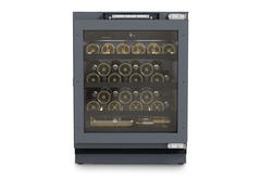 Изображение на продукта, Перспектива: Отпред, затворен, отворен с продукти, Хладилник за вино, подходящ за монтаж под плота, за темпериране на вино, Цвят на корпуса: Антрацит, Цвят на вратата: Антрацит
