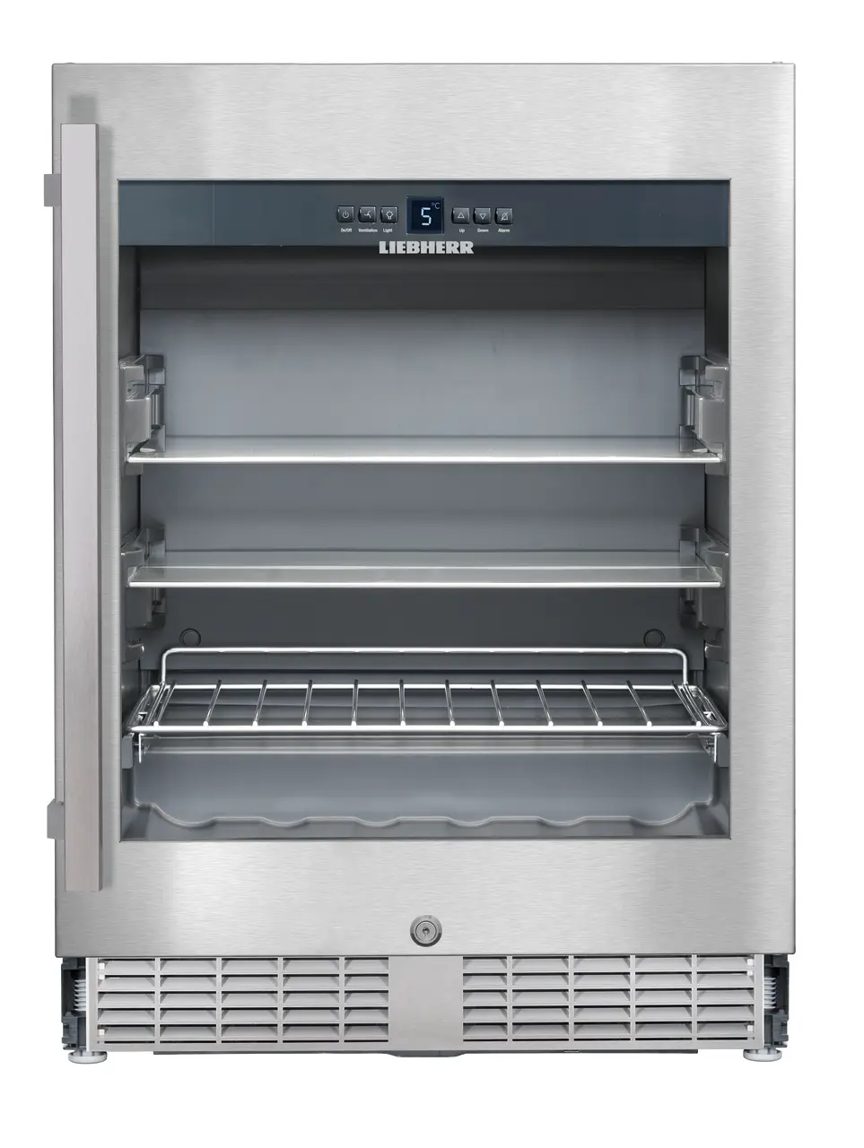 Product image, Perspective: straight closed empty, Under-worktop refrigerator, Casing colour: grey, Door colour: silver