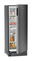 Product image, Perspective: oblique half-open decorated, Single-door refrigerator 222 l in 3 star with foot pedal base drawer, Casing colour: grey, Door colour: Silver Steel