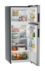 Product image, Perspective: oblique open decorated, Fridge-freezer with NoFrost, Casing colour: grey, Door colour: Silver Steel