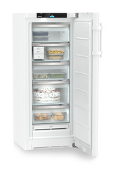 Produkt-Bild, Perspektive: schräg offen dekoriert, Standgefrierschrank mit NoFrost und EasyTwist-Ice, Gehäusefarbe: Weiß, Türfarbe: Weiß