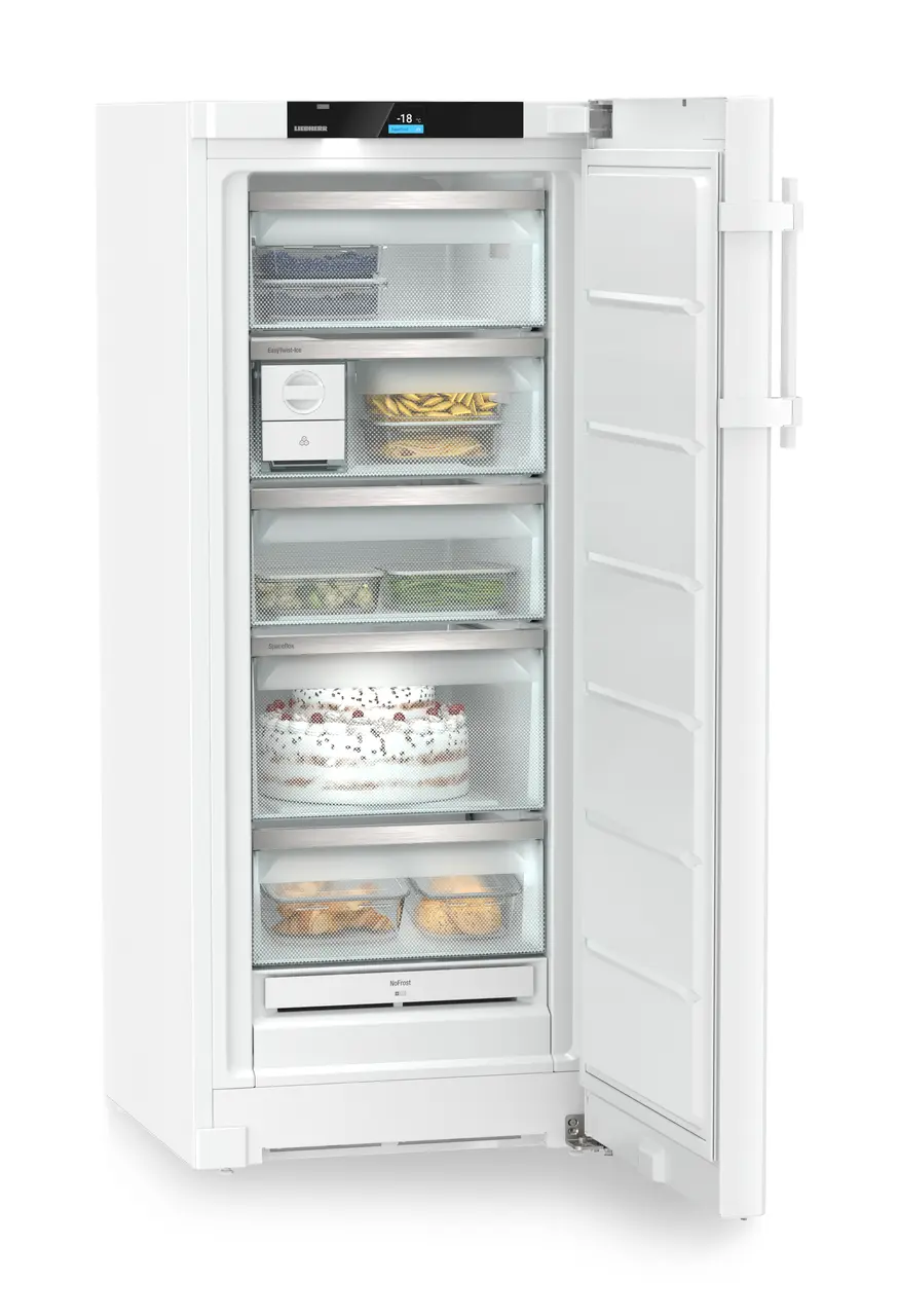 Produkt-Bild, Perspektive: schräg offen dekoriert, Standgefrierschrank mit NoFrost und EasyTwist-Ice, Gehäusefarbe: Weiß, Türfarbe: Weiß