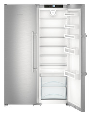 Product image, Perspective: straight half-open empty, Side-by-Side combination, Casing colour: silver, Door colour: stainless steel