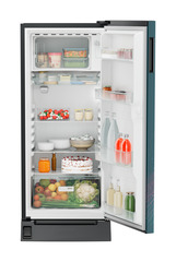 Product image, Perspective: straight open decorated, Single-door refrigerator 202 l in 5 star with inverter compressor, Casing colour: grey, Door colour: Teal Strings