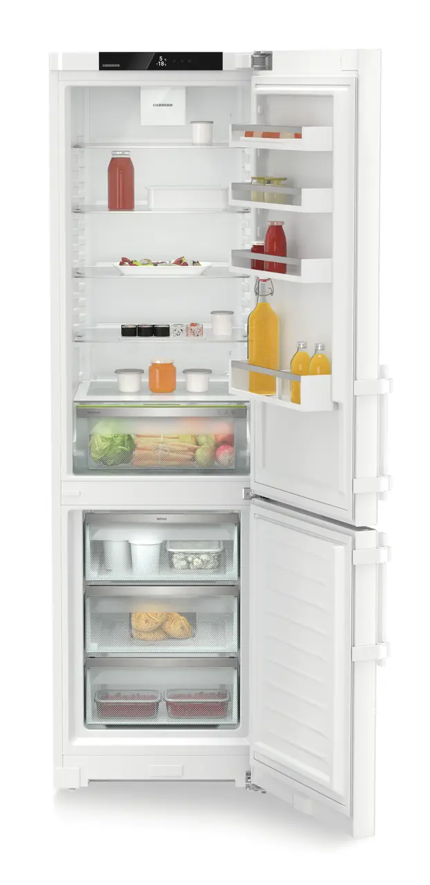 Obrázok produktu, Perspektíva: Spredu, spotrebič otvorený, dekorovaný, Kombinácia chladničky a mrazničky s EasyFresh a NoFrost, Farba steny: Biely, Farba dverí: Biely