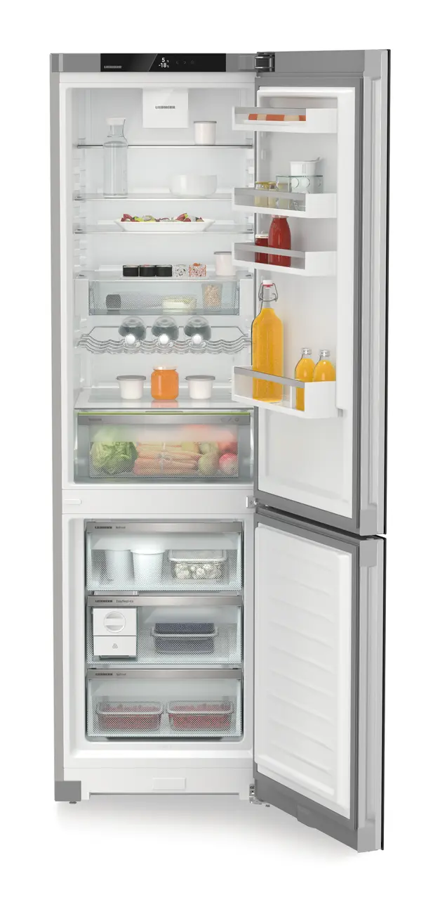 Product image, Perspective: straight open decorated, Combined fridge-freezers with EasyFresh and NoFrost, Casing colour: silver, Door colour: GlassBlack