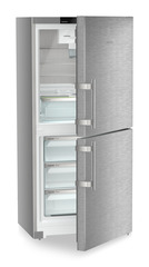 Product image, Perspective: oblique half-open empty, Combined fridge-freezers with EasyFresh and NoFrost, Casing colour: silver, Door colour: stainless steel