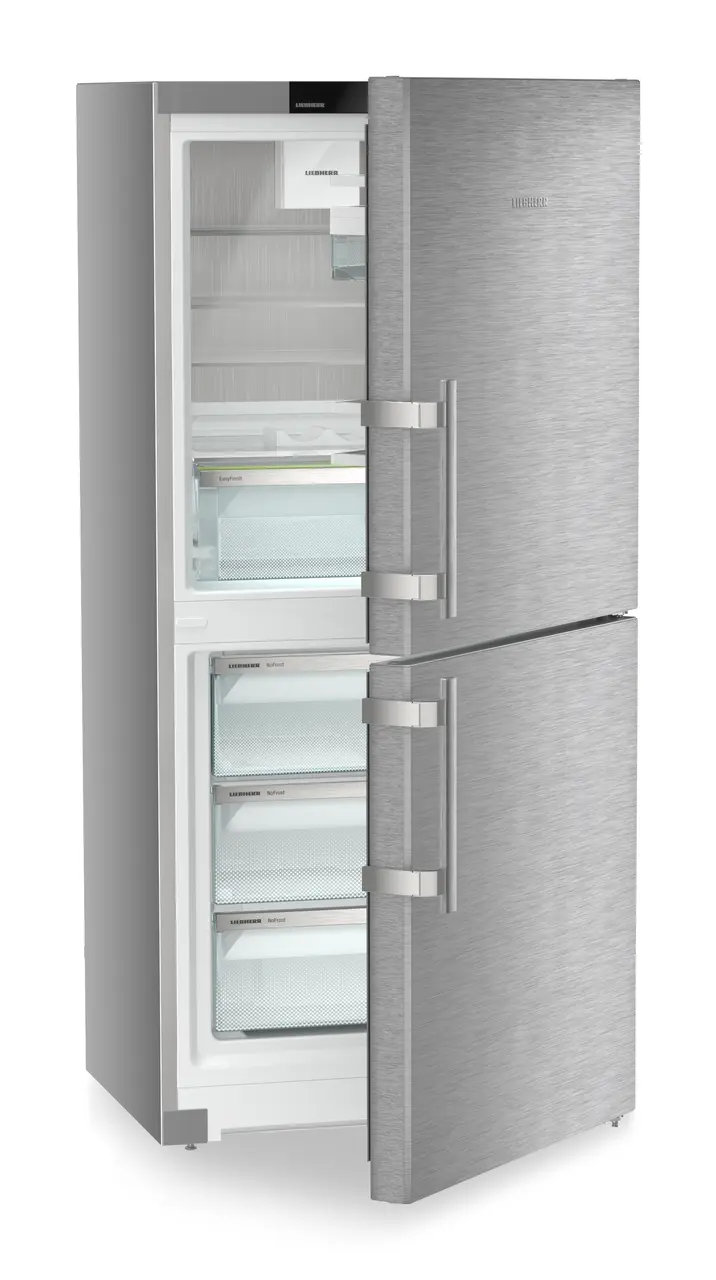 Product image, Perspective: oblique half-open empty, Combined fridge-freezers with EasyFresh and NoFrost, Casing colour: silver, Door colour: stainless steel
