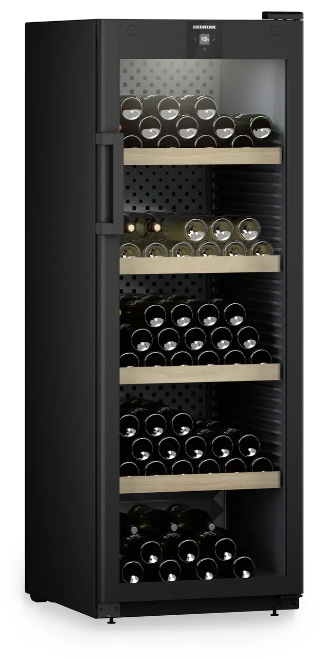 Product image, Perspective: oblique closed decorated, Wine storage cabinet, Casing colour: black, Door colour: black