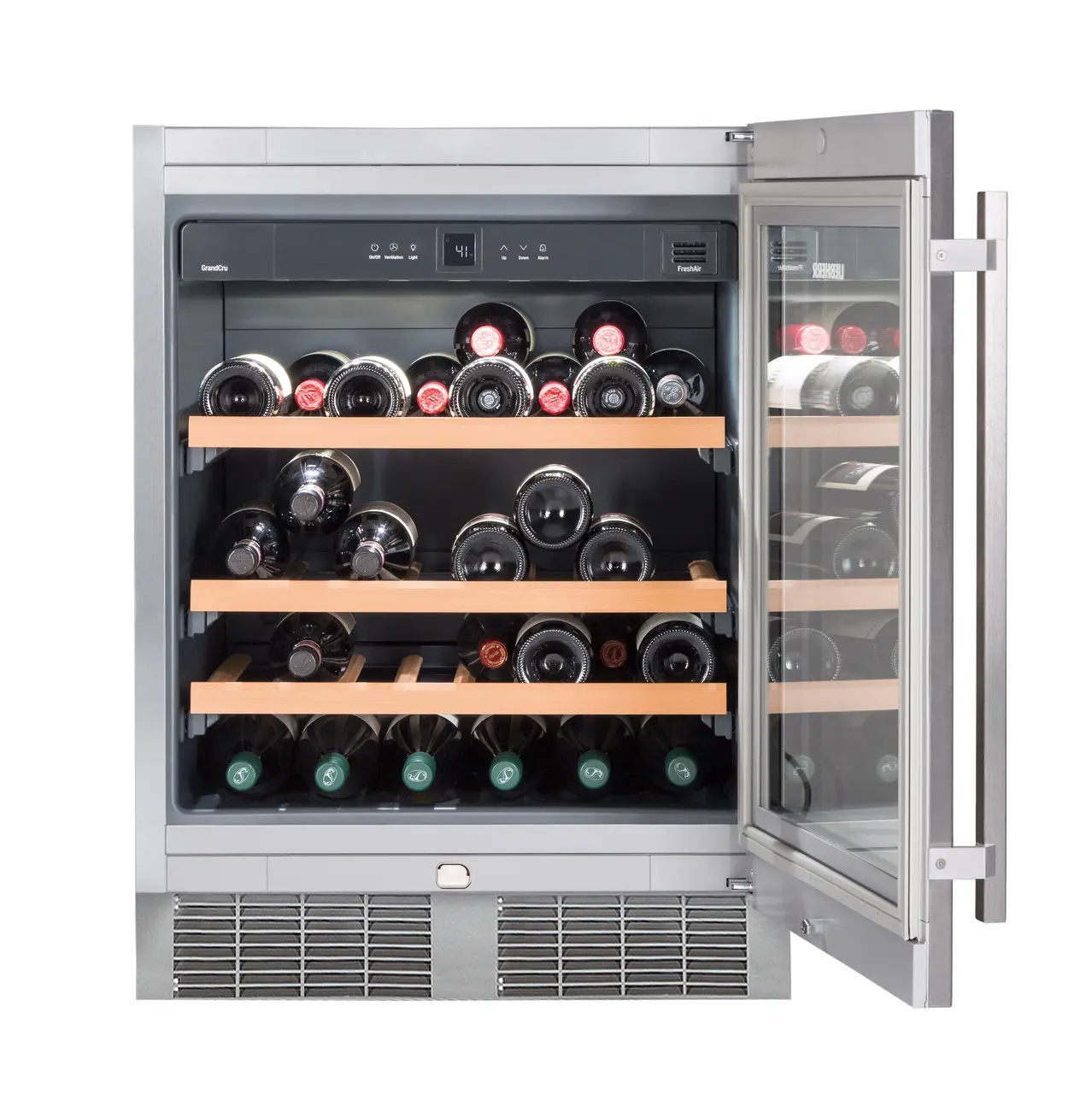 Product image, Perspective: straight open decorated, Under-worktop wine storage cabinet, Casing colour: silver, Door colour: stainless steel