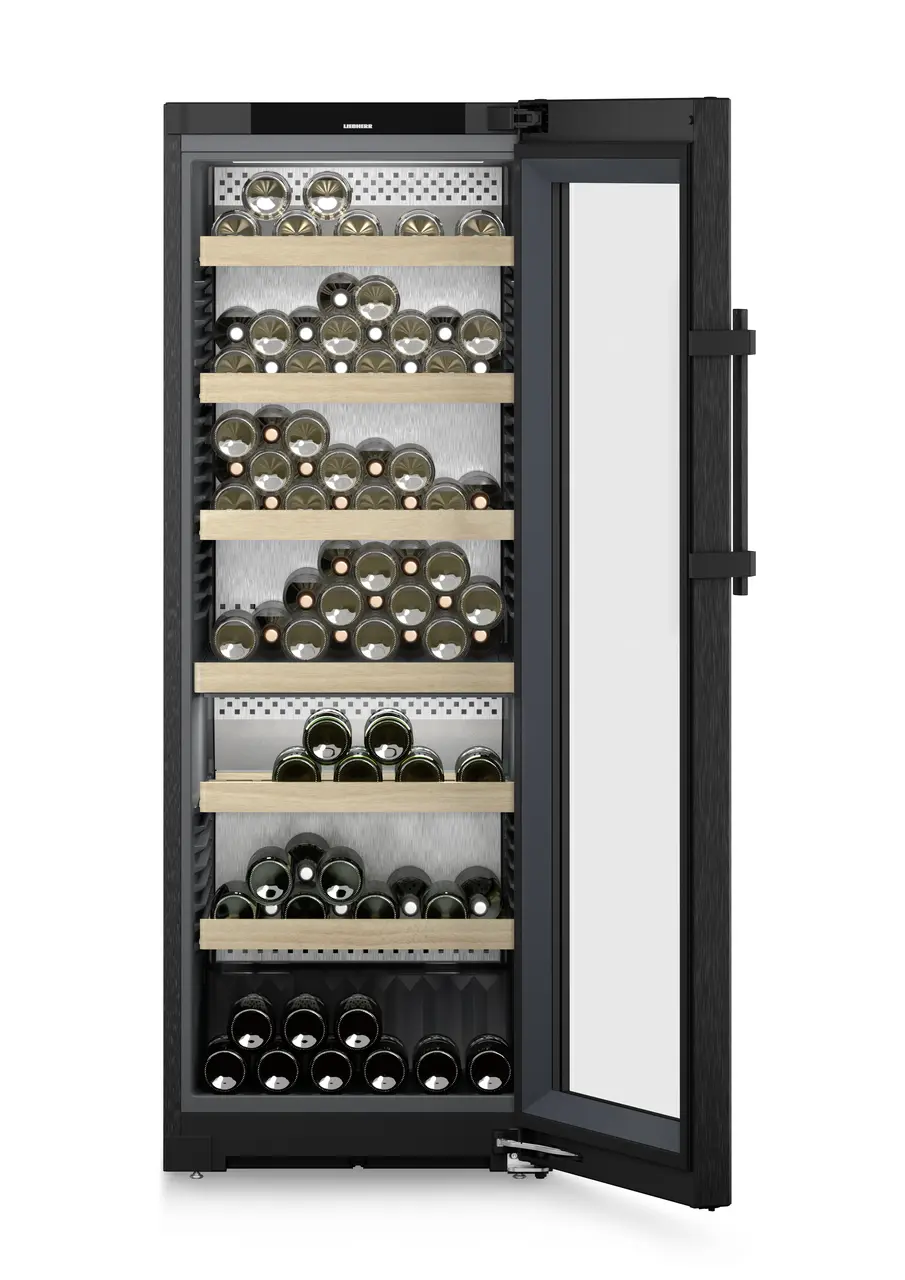 Изображение продукции, Перспектива: Прямо, с открытой дверцей, с продуктами, Винный шкаф с регулировкой температурного режима