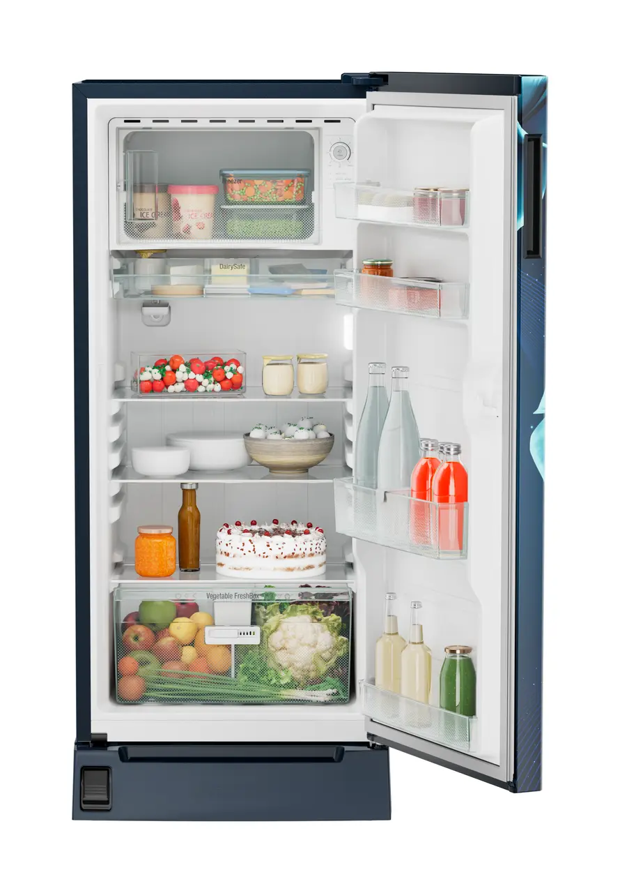 Product image, Perspective: straight open decorated, Single-door refrigerator 191 l in 3 star with foot pedal base drawer, Casing colour: blue, Door colour: Blue Divine