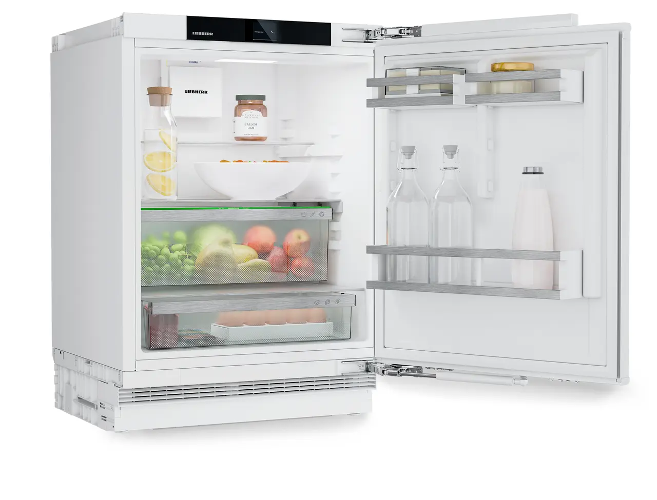 Produkt-Bild, Perspektive: schräg offen dekoriert, Unterbaufähiger Kühlschrank mit EasyFresh