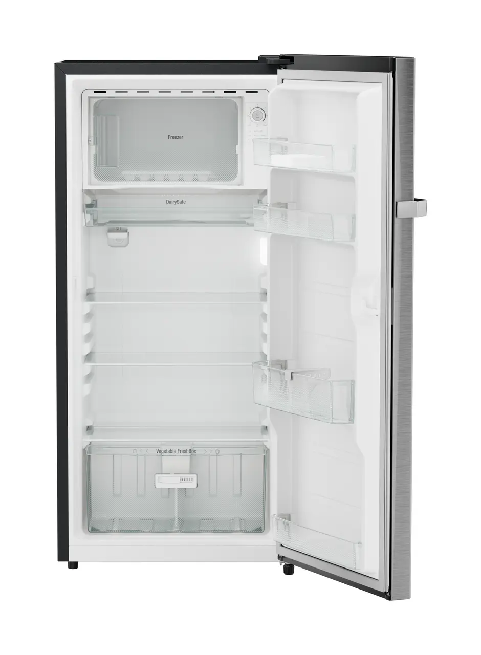 Product image, Perspective: straight open empty, Single-door refrigerator 191 l in 3 star and horizontal handle, Casing colour: grey, Door colour: Silver Steel