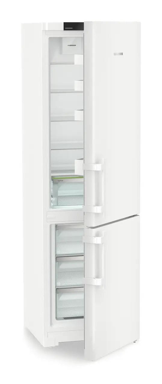 Obrázok produktu, Perspektíva: Šikmo, spotrebič polootvorený, prázdny, Kombinácia chladničky a mrazničky s EasyFresh a NoFrost, Farba steny: Biely, Farba dverí: Biely