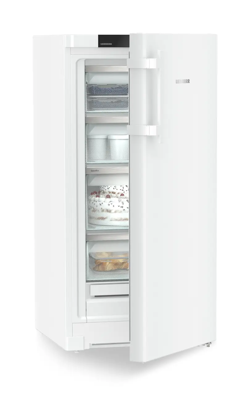 Obrázek výrobku, Perspektiva: Zešikma napůl otevřený s dekorací, Volne stojící mraznicka s NoFrost, Barva skříně: bílá, Barva dveří: bílá