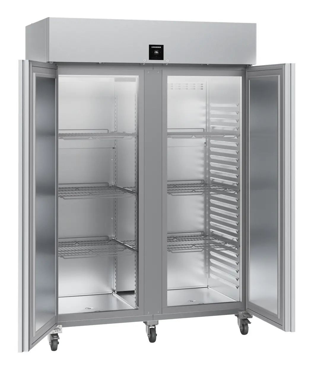 Product image, Perspective: oblique open empty, Forced-air freezer GN 2/1, Casing colour: stainless steel, Door colour: stainless steel