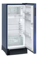 Product image, Perspective: oblique open empty, Single-door refrigerator 191 l in 3 star with foot pedal base drawer, Casing colour: blue, Door colour: Blue Hibiskus