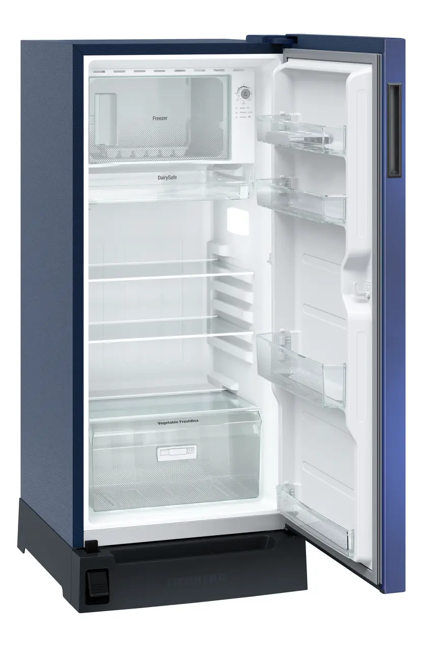Product image, Perspective: oblique open empty, Single-door refrigerator 191 l in 3 star with foot pedal base drawer, Casing colour: blue, Door colour: Blue Hibiskus