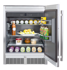 Product image, Perspective: straight open decorated, Outdoor fridge, Casing colour: grey, Door colour: stainless steel