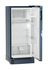 Product image, Perspective: oblique open empty, Single-door refrigerator 191 l in 3 star with foot pedal base drawer, Casing colour: blue, Door colour: Blue Divine