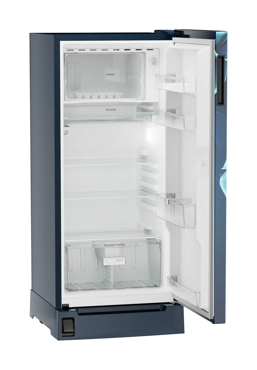Product image, Perspective: oblique open empty, Single-door refrigerator 191 l in 3 star with foot pedal base drawer, Casing colour: blue, Door colour: Blue Divine