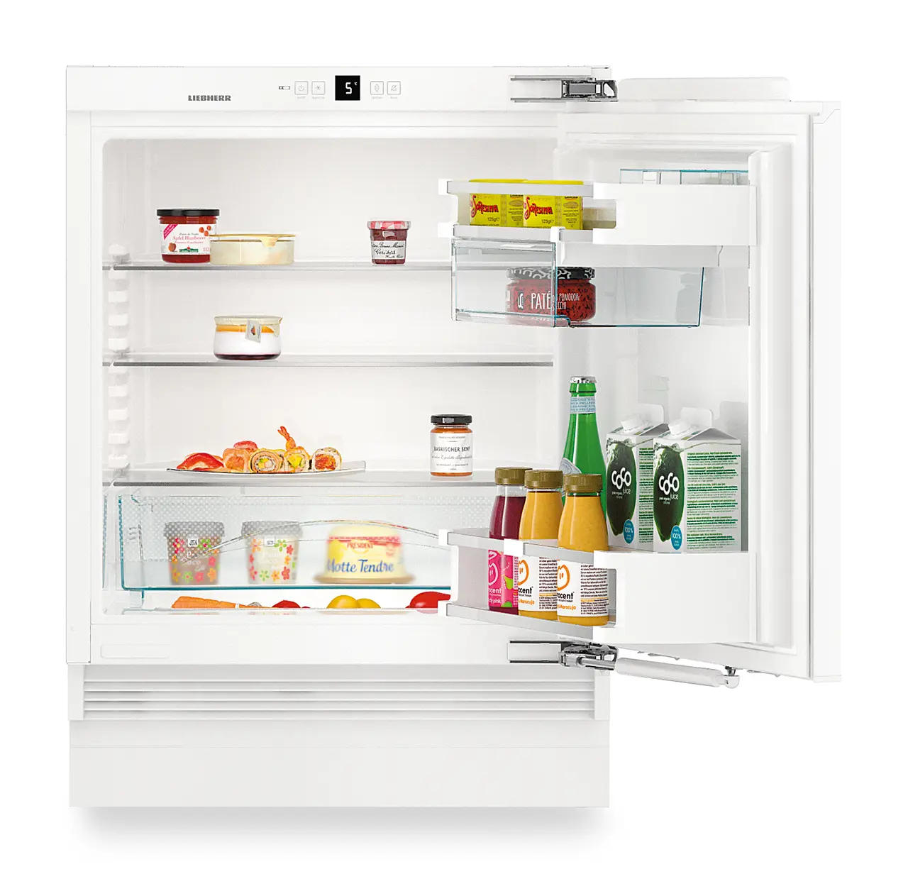 Изображение продукции, Перспектива: Прямо, с открытой дверцей, с продуктами, Встраиваемый под столешницу холодильник