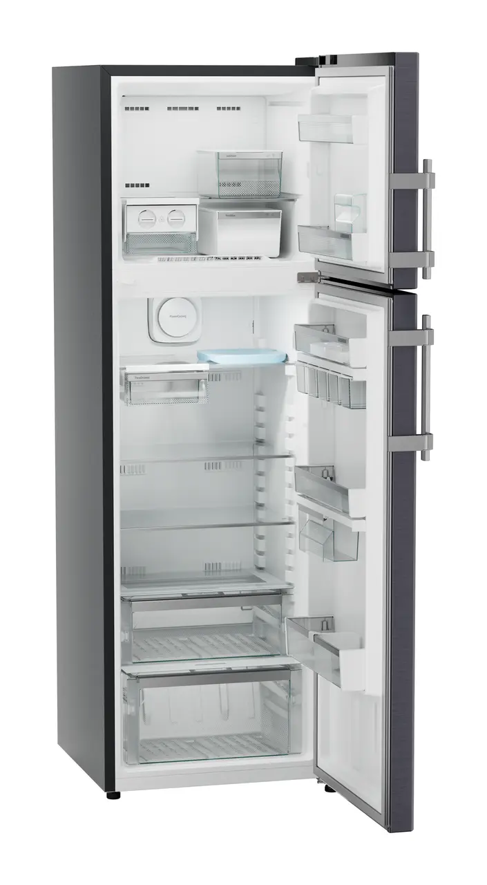 Product image, Perspective: oblique open empty, Fridge-freezer with NoFrost, Casing colour: grey, Door colour: Cobalt Steel