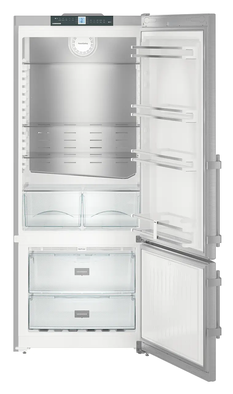 Product image, Perspective: straight open empty, Fridge-freezer with NoFrost, Casing colour: silver, Door colour: stainless steel