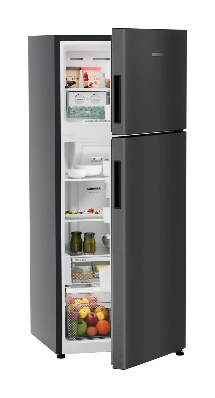 Product image, Perspective: oblique half-open decorated, Fridge-freezer with NoFrost, Casing colour: grey, Door colour: BlackSteel