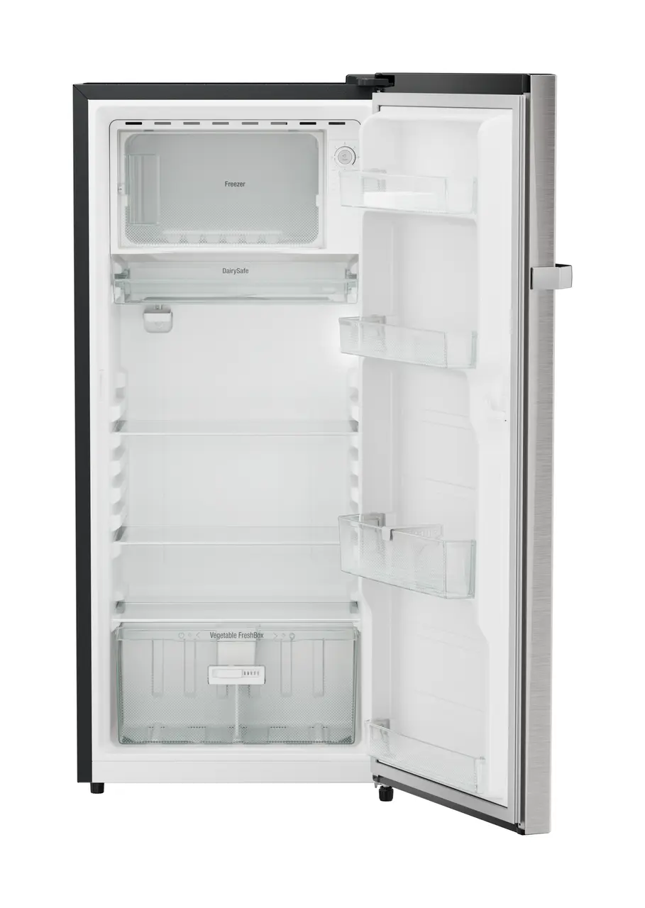 Product image, Perspective: straight open empty, Single-door refrigerator 202 l in 3 star and horizontal handle, Casing colour: grey, Door colour: Stainless Steel
