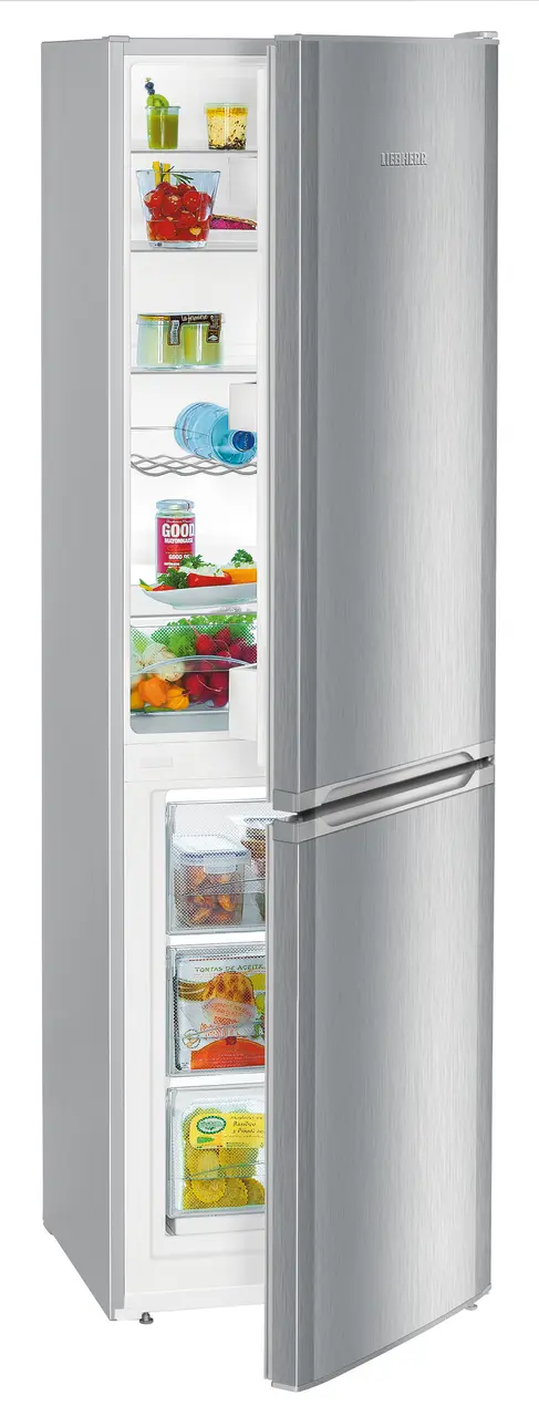 Product image, Perspective: oblique half-open decorated, Automatic refrigerator-freezer with SmartFrost, Casing colour: silver, Door colour: stainless steel look