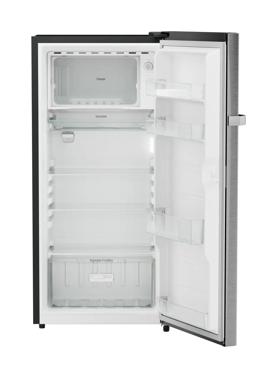 Product image, Perspective: straight open empty, Single-door fridge, 191 l in 2 star and horizontal handle, Casing colour: grey, Door colour: Silver Steel