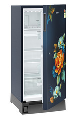 Product image, Perspective: oblique half-open empty, Single-door fridge, 191 l in 2 star with foot pedal base drawer, Casing colour: blue, Door colour: Blue Wonder