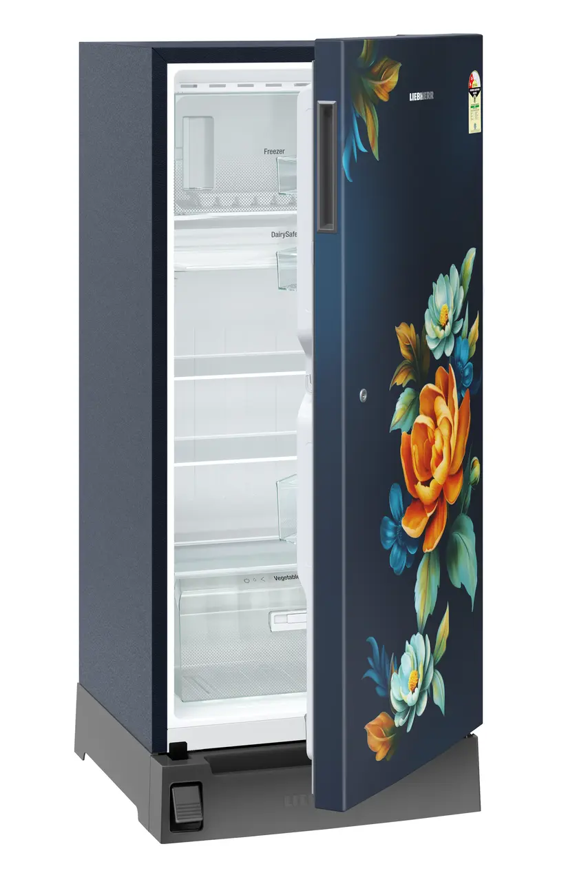 Product image, Perspective: oblique half-open empty, Single-door fridge, 191 l in 2 star with foot pedal base drawer, Casing colour: blue, Door colour: Blue Wonder